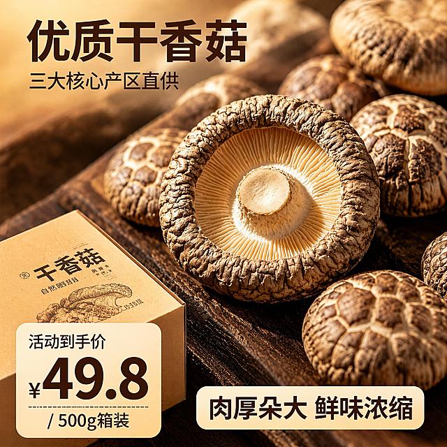 [主图-1] 调整为1:1正方形比例的优质干香菇商品首图，保留全部原有文字内容和产品构图
[调整要求] 保持产品外观、文字内容、配色风格和所有信息完全不变，仅裁剪调整为1:1正方形构图，保证主体产品和所有文字完整显示不被裁切，画面干净协调；保持干香菇质感和光影不变，画质清晰
[输出要求] 1:1比例，文字清晰可辨，超高清商业摄影质感