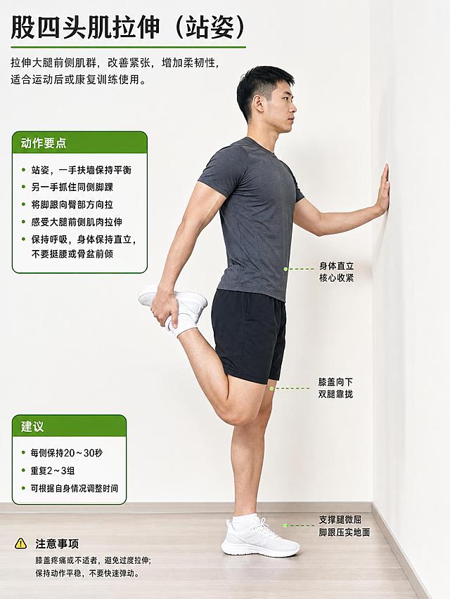 演示拉伸大腿前侧股四头肌动作，人物站立，一手扶墙另一手抓住同侧脚踝向后拉，清晰展示拉伸姿势，适合康复训练教程配图，写实清晰风格