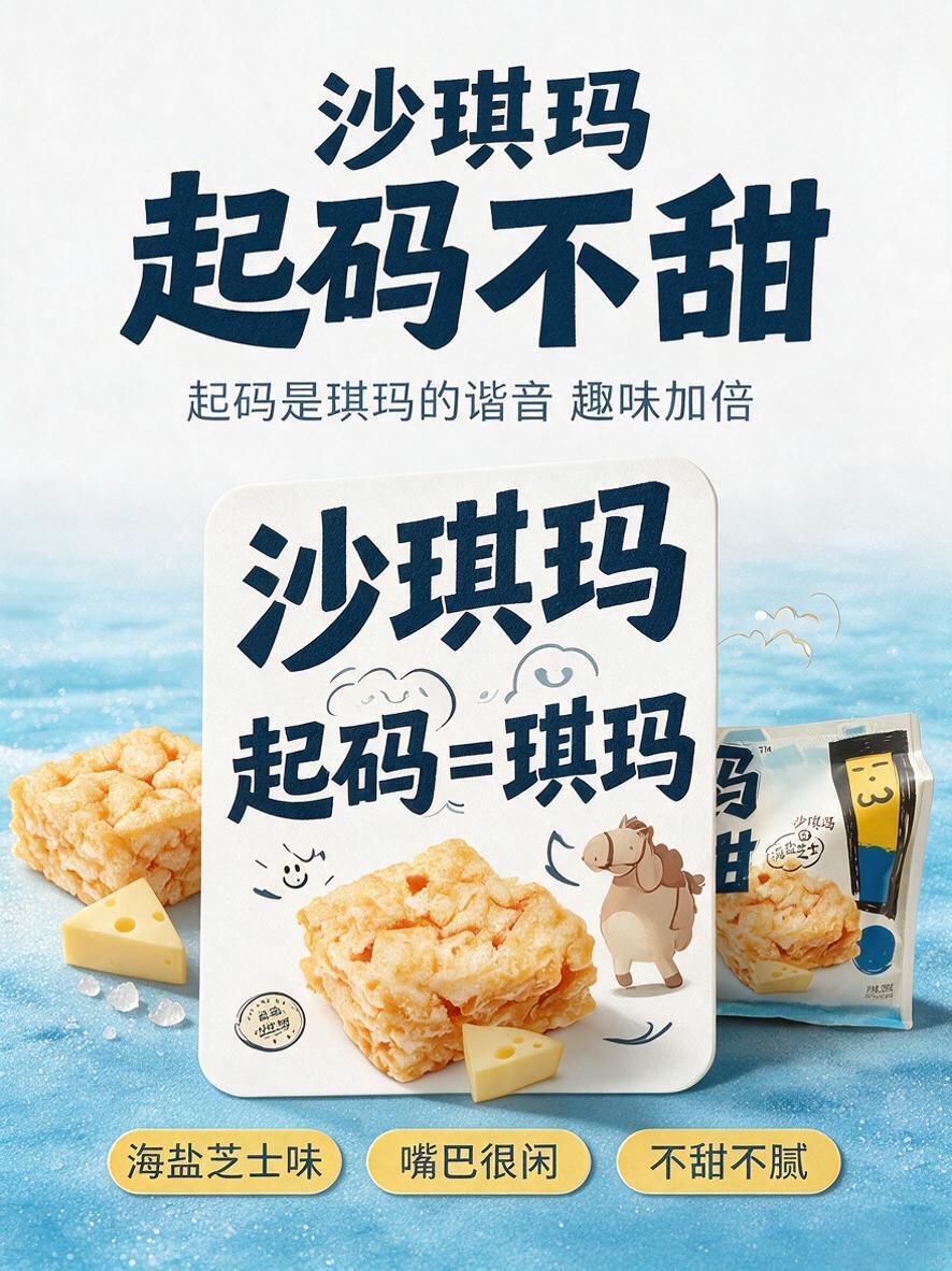 [商品] 使用【图1】名沙起码不甜海盐芝士味沙琪玛包装（白色袋… - 图片创意预览