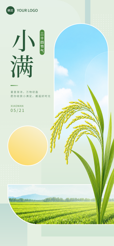 小满节气稻田风景意境清新极简风朋友圈全屏竖版海报预览效果