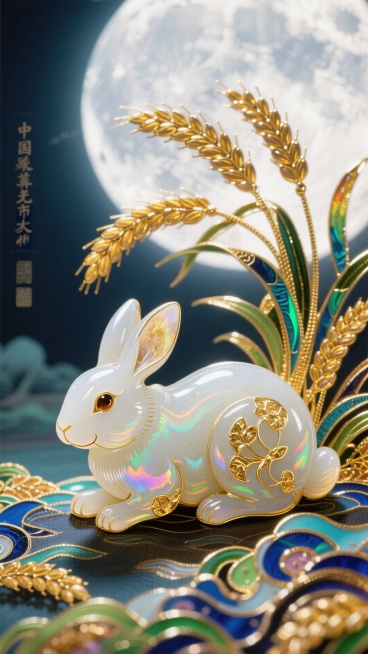 画面主体是一块温润无瑕的和田玉籽料，通过俏色巧雕工艺，工匠巧妙利用玉石天然的皮色。洁白的玉肉被雕成一只匍匐回望、灵动可爱的玉兔；金色的玉皮则被雕成环绕玉兔的、沉甸甸的稻穗与麦穗，象征着五谷丰登。背景是预览效果