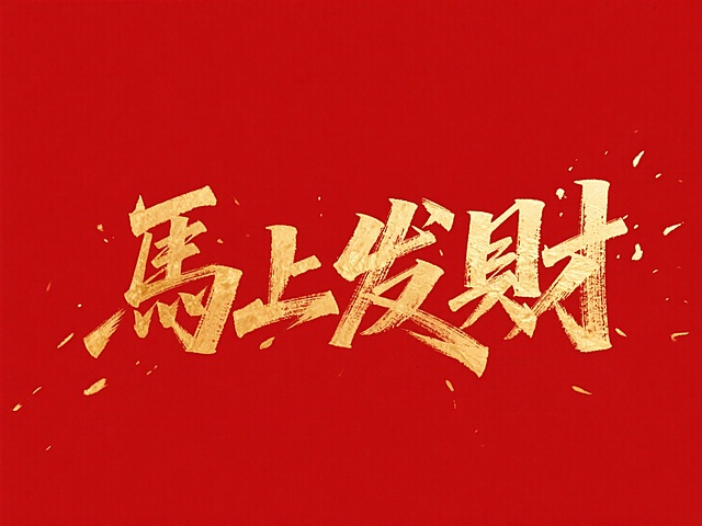 “馬上发财”横向排列，烫金质感，红金色调，暗红色背景。
