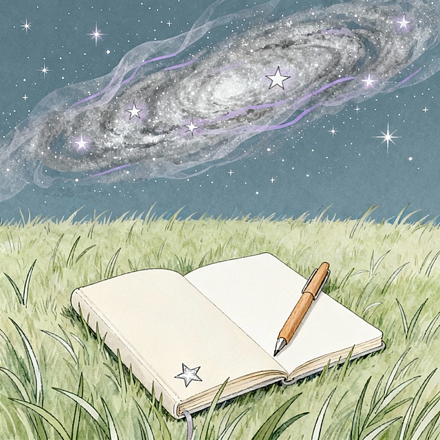 为散文合集《星空下的治愈手记》设计封面，风格要求清新治愈、低饱和色调、简约插画风，画面必须包含 “星空、草地、笔记本” 核心元素，整体视觉柔和且有宁静的氛围感，构图简洁不繁杂。

封面成品描述

整体色调：以低饱和的雾霾蓝为底色，搭配浅米白、淡草绿与银灰色的点缀，营造出静谧治愈的视觉感受。画面主体：

下半部分是铺展的浅草绿草地，草叶以简约的线条勾勒，稀疏且柔软，在画面中呈现出自然的弧度；

草地中央偏下的位置，放着一本米白色的笔记本，封面无过多装饰，只在角落有一枚小巧的银色星星压纹，笔记本微微翻开，内页空白处露出一根浅棕色的木质钢笔，笔尖轻搭在纸页边缘；

上半部分是低饱和的星空，没有浓烈的色彩，用银灰色与淡紫色的细线条勾勒出稀疏的星点与轻柔的星云，星星的光芒以柔和的光晕呈现，不刺眼，星云像薄纱一样漫过画面上方。文字排版：书名《星空下的治愈手记》以纤细的无衬线字体呈现，颜色为深灰蓝，竖排印在笔记本右侧的草地旁，字体大小适中，与画面元素相融；作者名以更小的同色系字体，标注在画面右下角的草地边缘，简约且不抢视觉焦点。