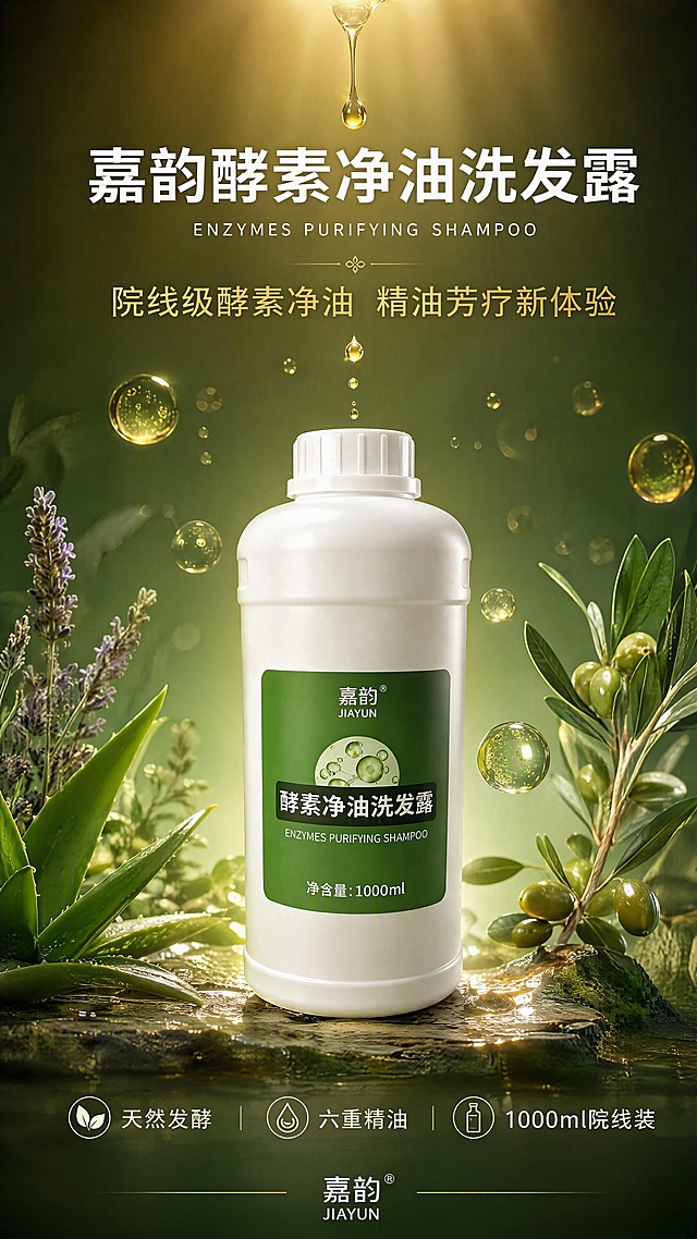 第10张 酵素净油洗发露品牌收尾页。本张使用【图1】作为产品主体置于中心。
[氛围/风格] 院线级酵素净油洗护体验，琥珀茶色+森林绿高级自然氛围，品牌调性收尾，意境感强。
[元素布局] 产品居中偏下，占比约45%；周围环绕酵母气泡、芦荟叶、薰衣草、橄榄枝等草本元素；背景为琥珀色到森林绿的渐变光晕；上方有精油滴落和光线效果；底部有品牌slogan区域；整体画面有呼吸感和高级感。
[光影质感] 中心聚光，产品有柔和高光，周围有光晕扩散，整体温暖治愈。
[配色色系] 全局底色琥珀茶色到森林绿渐变#8B6914到#2E7D32；点缀色金色#D4AF37和奶白色#FFF8E7。
[视角构图] 中心对称构图，产品为视觉焦点，阅读动线从上到下。
[文字版式] 上方大标题「嘉韵酵素净油洗发露」白色粗体大字居中，配英文「ENZYMES PURIFYING SHAMPOO」白色小字；中间副标题「院线级酵素净油 精油芳疗新体验」金色字体；底部品牌slogan「天然发酵·六重精油·1000ml院线装」奶白色小字横排；最底部「嘉韵 JIAYUN」品牌标识。文字优雅大气，不遮挡产品主体。
[比例] 9:16竖版，4K高清，文字清晰。
[负向] 变形，水印，文字错乱，产品包装文字错误，颜色偏差，背景杂乱。