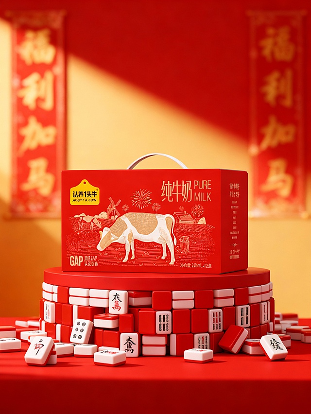 红色麻将随意堆叠成创意展台，主体摆放在麻将展台上（主体占画面比30%，正面视角），红金渐变背景（“福利加马”鎏金字体对联点缀，虚化），自然光影，高饱和喜庆感配色，保证溶图效果。