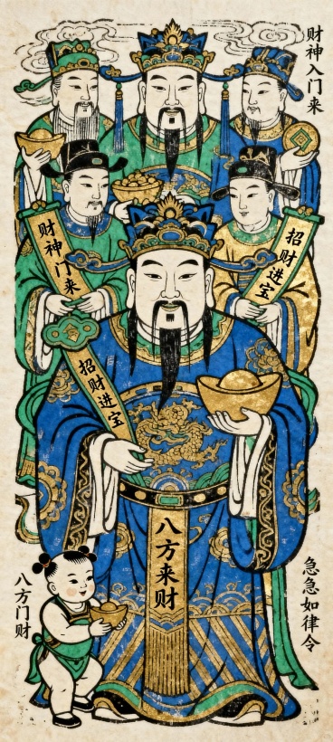 画面以蓝、绿、金等色调呈现，核心是多位财神爷形象，搭配捧宝物的仙官、小童子，画面穿插 “财神入门来”“招财进宝”“八方来财”文字，还有道教符咒常用的 “急急如律令” 字样，木刻版画质感。预览效果
