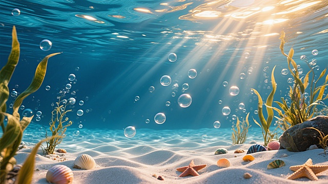 超写实水下场景，清澈透明的蓝色水域，阳光从水面穿透形成多束耀眼的金色光束，照亮整个画面，底部是细腻柔软、呈现自然波浪纹理的白色沙床，沙粒带有细微的反光质感，无数大小不一的气泡从下方缓缓上升，悬浮在水中，点缀着几株形态优雅的海草随水流轻轻摇曳，零星散布着色彩斑斓的小贝壳和海星，整体氛围宁静、纯净、梦幻，光影效果柔和且富有层次感，细节丰富，画面通透