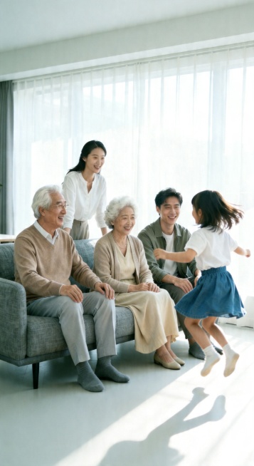生成温馨全家福多人合影写真，小女孩活泼蹦跳在客厅地面，灵动可爱，保留参考图中多人脸型发型年龄特征，日系胶片清新风格，低饱和清透暖调，富士胶片质感，色彩干净通透，柔和自然光，侧逆光勾勒轮廓，温馨治愈，松预览效果