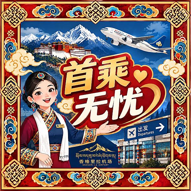 将图中的圆形首乘无忧服务贴改为正方形造型，保持所有元素（藏族空姐形象、首乘无忧大字、雪山、飞机、藏式祥云吉祥结装饰、香格里拉机场文字、出发标识等）完整保留，调整布局适配正方形比例，藏式装饰边框改为方形边角，整体风格与配色不变，高清细节