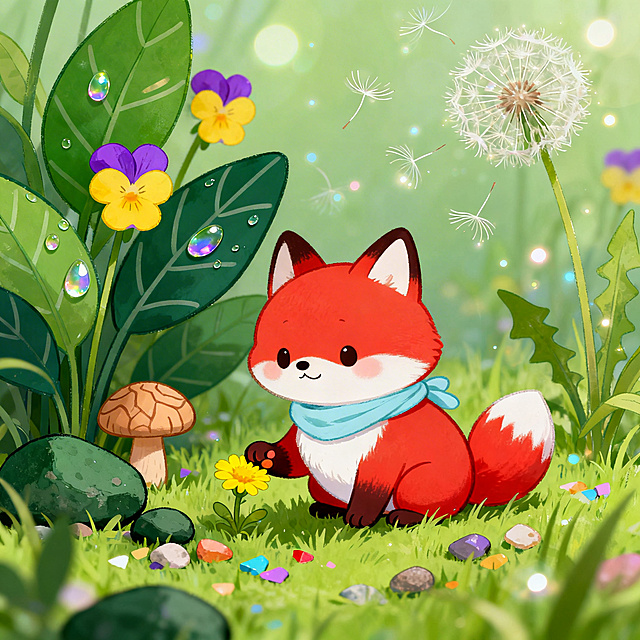 梦幻Q版插画，清新绿草地间生长着深绿带简洁纹理的叶片、黄紫相间的花朵，还有深绿石块点缀。浅棕带纹理的小蘑菇，伞盖圆润，彩色碎石块分布在草地上，叶片和花瓣上有透明露珠，用高光色块表现，飘飞着蒲公英绒毛，用细线和光斑勾勒。一只Q版拟人红狐狸：圆滚滚身形，白肚皮，围着浅蓝小围巾，蹲坐在草地上，小爪子轻碰黄色小花，神态呆萌可爱。整体色彩明快柔和，造型圆润可爱，用细腻笔触和光斑营造梦幻感，传递出轻松愉悦的童话氛围。