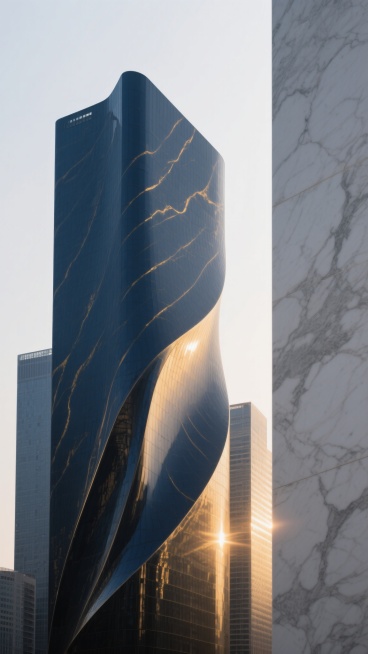 高清摄影风格的城市建筑风光，保留原图中大理石纹理般细腻流畅的线条质感、平滑过渡的材质特征以及整体留白的极简构图布局，将原有的灰白配色体系改变为深蓝与金色的渐变组合，其中建筑物主体呈现深邃的藏蓝色调，表面带有金色的流线型纹理，如同被夕阳余晖勾勒出的轮廓，光线从画面一侧柔和洒入，形成明暗对比鲜明的光影效果，营造出高端大气且富有现代感的都市氛围，整体视觉保持简约而不失精致的设计感。预览效果