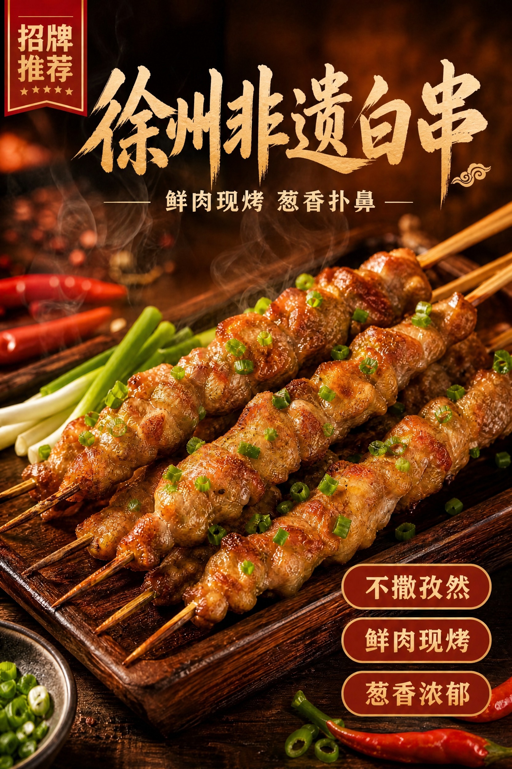 将海报主标题"香葱白串"替换为"徐州非遗白串"，保持原有的金色… - 图片创意预览