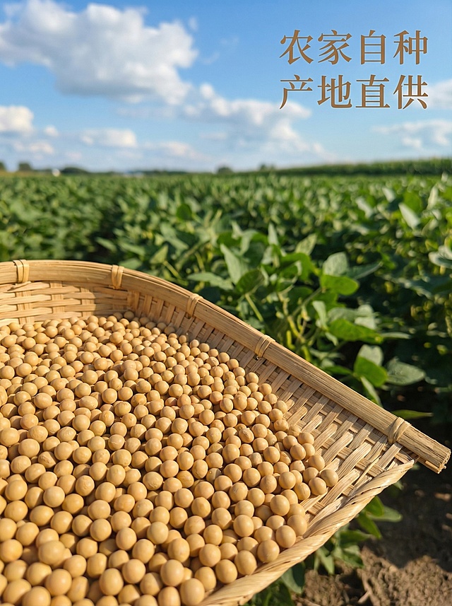 [主图主题] 农家产地实景展示
[氛围/风格] 自然朴实，原产地真实氛围感
[画面元素] 前景是竹编簸箕盛放的饱满黄豆，背景是虚化的东北黄豆种植农田，蓝天白云下的绿色豆田一望无际，自然暖风吹过，真实自然的田园产地氛围，黄豆和簸箕占据画面前景，清晰突出产品
[配色色系] 主色调：米黄（黄豆），草绿（豆田），辅助色：浅蓝（天空），竹编棕，清新自然
[视角构图] 前景主体+远景背景的层次感构图，景深自然，前景黄豆清晰突出
[文字版式] 主标题“农家自种 产地直供”，文字悬浮于画面右上角留白处，浅棕色字体，不遮挡黄豆主体，符合构图留白原则，无多余装饰
[比例分辨率] 3:4比例，2k分辨率
