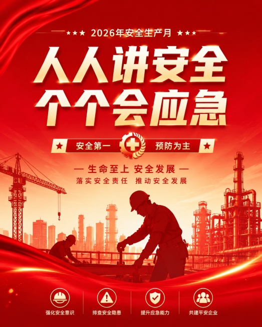 红色系2026年安全生产月海报，主题为企业安全生产，整体以红色为主色调，风格庄重醒目，包含工人安全作业元素，标题为“人人讲安全 个个会应急”预览效果