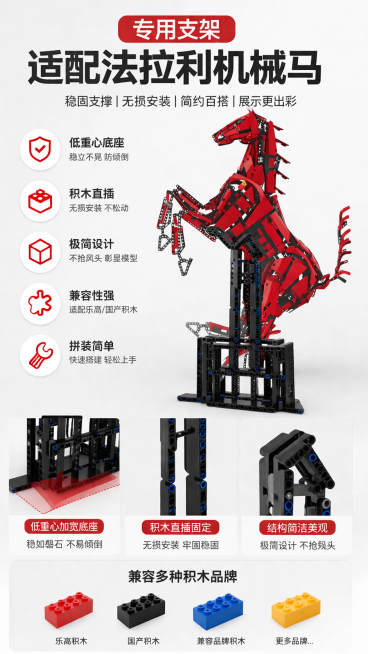 亚马逊跨境电商卖点信息主图，展示所有核心卖点：专用支架适配法拉利机械马，低重心底座稳立不晃防倾倒，积木直插无损安装，极简设计不抢风头兼容乐高国产积木，拼装简单适配桌面展示柜陈列，纯黑产品搭配简约白色背预览效果
