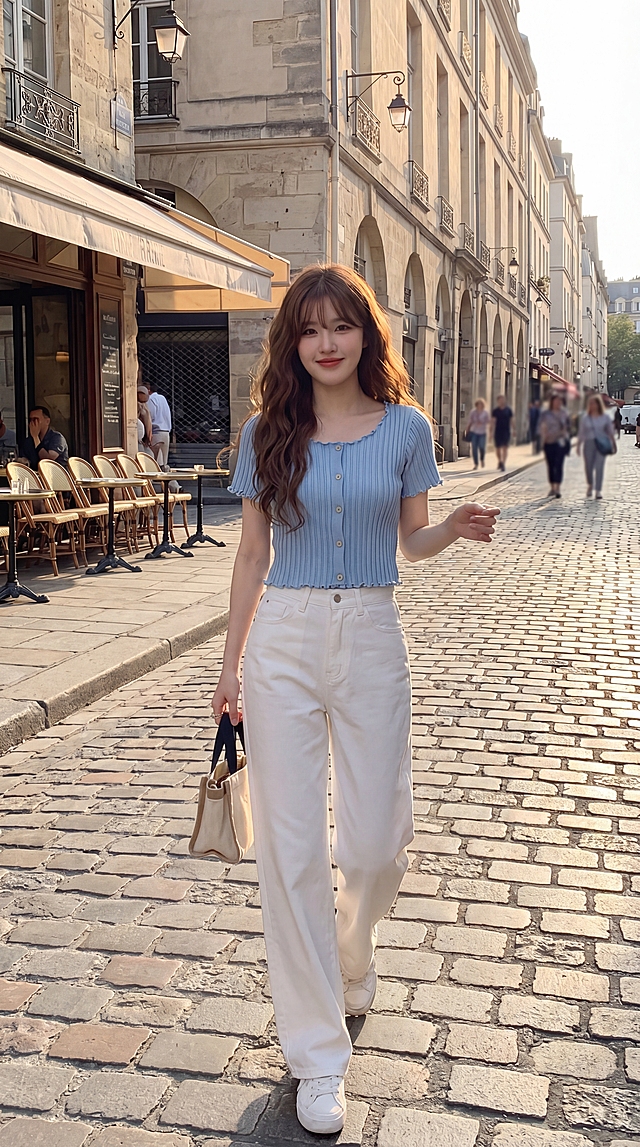 将第一张图的浅蓝色木耳边针织短袖上衣和第二张图的白色阔腿牛仔裤搭配，换不同场景，保留第三张图的人脸、发型和发色以及整体拍照风格，生成另一套全身穿搭展示图，保持风格自然真实