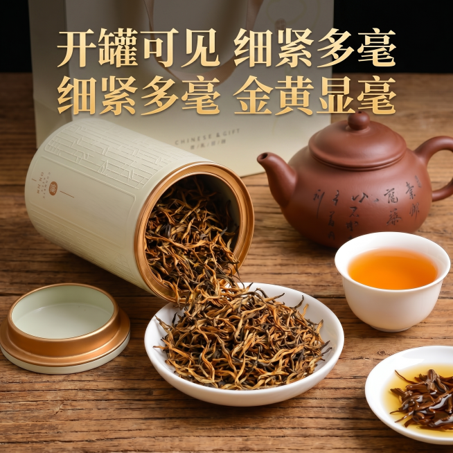 拼多多爆款电商主图，打开金骏眉茶叶罐子倒出干茶，搭配紫砂壶和茶汤，添加文字'开罐可见 细紧多毫 金黄显毫'，1:1正方形构图，暖调木质背景，文字清晰突出卖点预览效果