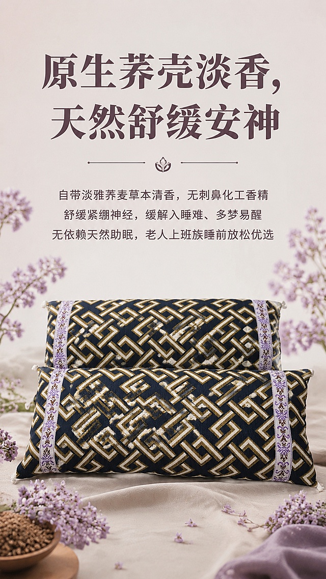 「图片1」，生成详情页，商品名称云南苦荞壳枕头图 1 首屏主海报大字卖点
【标题】云南高原苦荞壳护颈枕
【副标题】高山原生黑苦荞｜透气不闷汗 可调高度 天然安神
【小字】无化学添加｜抑螨防潮｜老少皆宜
图 2 核心产地优势板块
标题：源自云南高海拔高山苦荞 原料更优质
云贵高原冷凉山区种植，日照充足、昼夜温差大
苦荞壳厚实坚硬，不易碎、粉尘少，支撑力更强
远离工业区，原生态种植，低农残更安心
甄选成熟黑苦荞壳，优于普通黄荞麦壳
图 3 严苛工艺・无尘无杂质
标题：多重精工处理，告别飞粉呛鼻
人工筛选剔除碎壳、荞籽、杂质
清水清洗 + 自然日光风干
高温灭菌除虫卵，防潮抑螨
无漂白、无香精、无荧光剂
久睡不漏灰，鼻炎敏感人群友好
图 4 透气中空结构・四季睡不闷
标题：蜂窝中空荞壳 排湿散热一绝
苦荞壳中空颗粒，空气循环流通
快速导出头部热气湿气，夏日不捂汗、不油头
不易闷湿滋生霉菌，告别睡醒满头黏腻
秋冬干爽不阴冷，一年四季适配
图 5 流动颗粒・人体工学护颈
标题：自由流动荞壳，贴合头颈不悬空
颗粒随心滑动，仰睡侧睡自动贴合肩颈曲线
软硬适中，不软塌不硌头，缓解落枕颈椎酸痛
填补颈部空隙，改善低头党肩颈僵硬
温和承托头部，睡觉不压血管
图 6 可自由调节高度 一人一枕
标题：拉链可填充设计 高度随心改
枕芯隐形拉链，自行增减苦荞壳
少放变薄：儿童、浅枕爱好者
标准厚度：成年人日常睡眠
多加加厚：颈椎不适、喜欢高枕人群
全家通用，一个枕头适配不同需求
图 7 天然草本清香 舒缓助眠
标题：原生荞壳淡香，天然舒缓安神
自带淡雅荞麦草本清香，无刺鼻化工香精
舒缓紧绷神经，缓解入睡难、多梦易醒
无依赖天然助眠，老人上班族睡前放松优选
图 8 干净易打理 耐用持久
标题：好打理使用寿命长
外枕套可拆洗，轻松去除头油污渍
内芯无需水洗，定期日晒即可杀菌除潮
高原厚壁荞壳抗压不易粉碎，可用 3-5 年
摩擦声响轻柔，浅眠人群不易被打扰
图 9 适配全人群
标题：各类人群都适合
▫️上班族 / 低头族：舒缓颈椎酸痛
▫️学生党：透气控油，宿舍好收纳
▫️中老年：温和支撑，浅眠安神
▫️孕妇 / 婴幼儿：天然无刺激，安全无害
▫️鼻炎敏感肌：低粉尘、抑螨防潮
▫️多汗怕热体质：整夜干爽不闷头
图 10 竞品对比优势（简洁对比）
标题：对比普通枕头优势一目了然
❌化纤棉枕：闷热结块、不透气、无法调高度
❌记忆棉枕：化工气味、夏季闷热、久用发硬
❌羽绒枕：易滋生螨虫、价格高、清洗麻烦
✅云南苦荞枕：高原优质原料、透气排汗、可调节、天然无异味、抑螨好打理
图 11 底部总结宣传图
主标语
天然云南苦荞壳｜给颈椎舒适好睡眠
小字汇总卖点
高海拔原料｜高温灭菌无尘｜透气护颈｜高度可调｜抑螨防潮｜母婴可用，适配抖音/快手平台，单图比例为9:16，需求屏数为11张。
