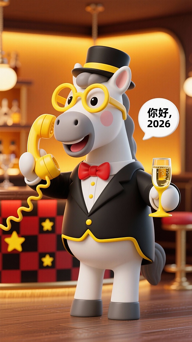 卡通感十足的拟人马，软3D风格呈现，身着礼服手持香槟与复古电话，充满喜庆与奢华氛围，趣味十足地迎接2026新年。