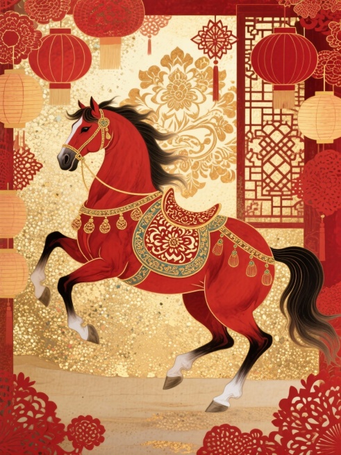 主体是一匹饰有剪纸纹华丽鞍具的红色剪纸奔马，背景为红金相间的宝相花纹样，周围环绕剪纸灯笼与窗花元素，整体呈现传统年味的国潮风格。预览效果