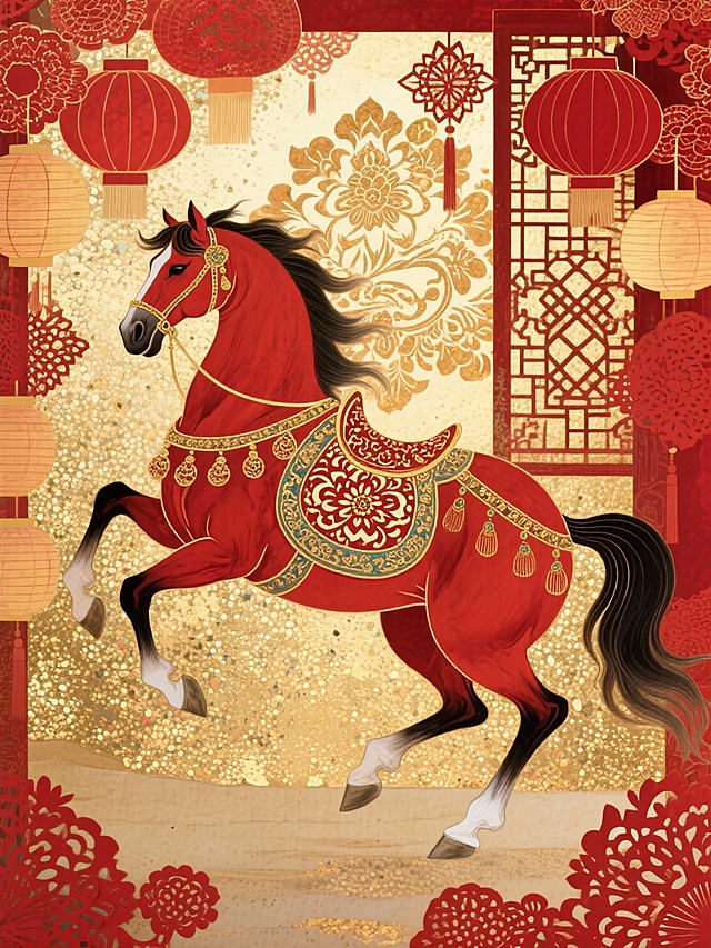 主体是一匹饰有剪纸纹华丽鞍具的红色剪纸奔马，背景为红金相间的宝相花纹样，周围环绕剪纸灯笼与窗花元素，整体呈现传统年味的国潮风格。