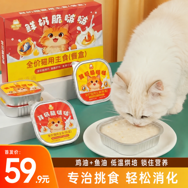 修改图片，让图中的白色布偶猫正在吃打开的猫罐头，保持原有产品包装、文字价格信息和其他物品都不变预览效果