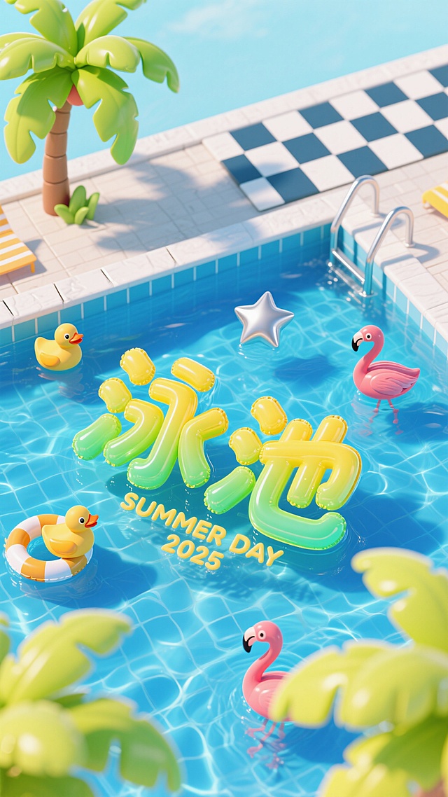 鸟瞰角度，透明绿黄绿色渐变膨胀充气，透明塑料字“泳池”漂浮在泳池内，" SUMMER DAY 2025 ”小字装饰，小鸭子、游泳圈、椰子树、火烈鸟，小银色棋盘格星星、蓝色泳池水背景，夏日晴朗氛围
