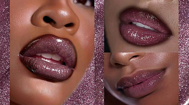 去掉图片中所有文字、中间的两支口红产品和试色膏体，只保留背景中的三个紫色闪粉嘴唇部分，保持原有照片质感和色调不变