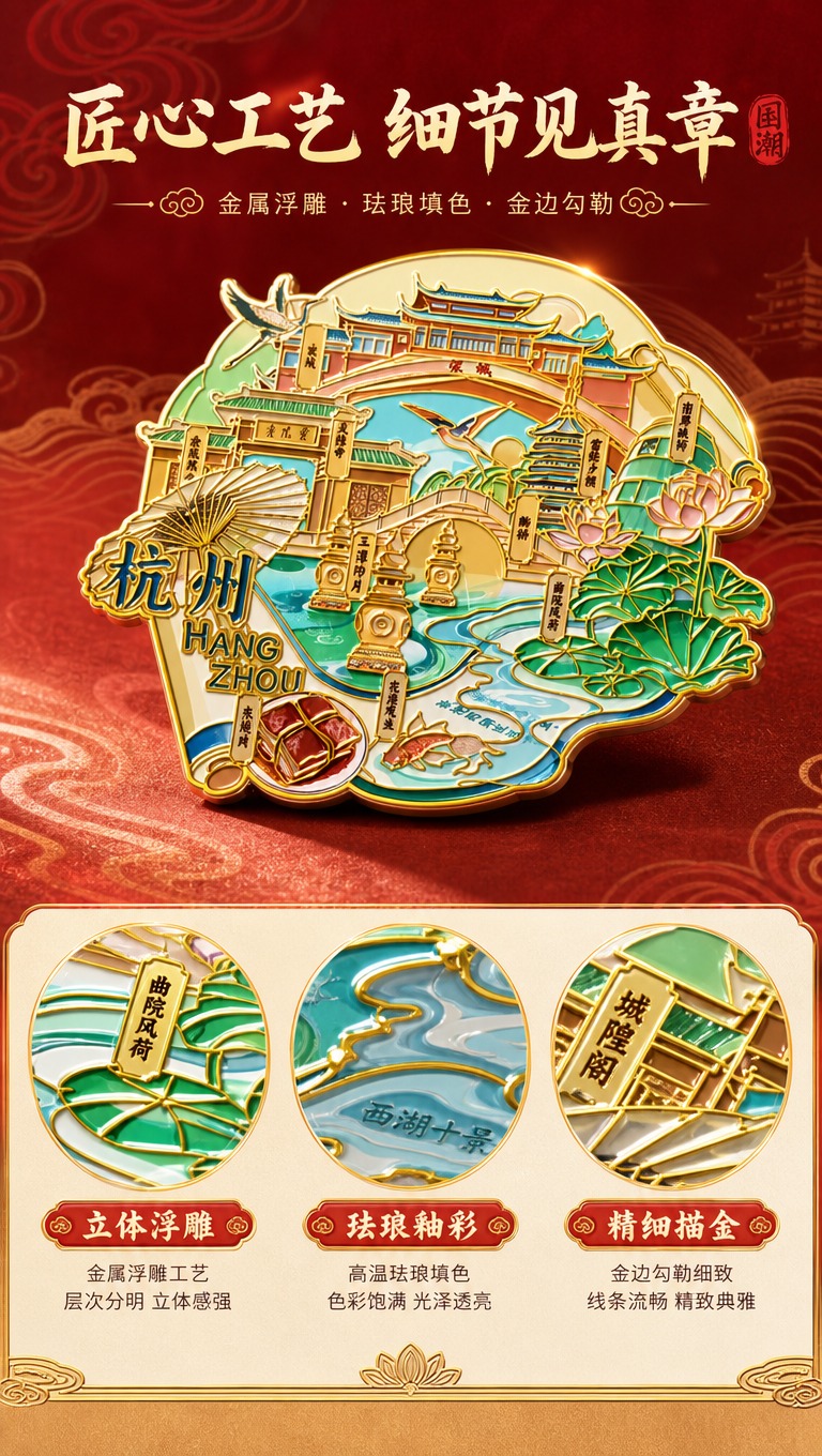 [商品] 使用【图1】杭州城市主题国潮金属冰箱贴；保留金属描边… - 图片创意预览