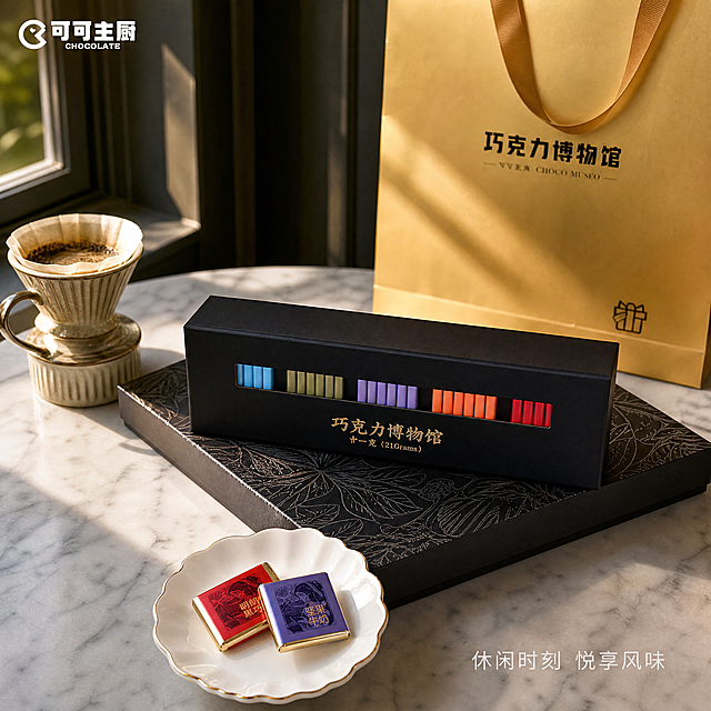 [主图-7] 下午茶场景体验展示。氛围风格：生活方式氛围感，松弛高级。画质：商业摄影质感、光线柔和通透、产品清晰真实、画面干净高级。元素：巧克力礼盒摆放在优雅大理石餐桌上，旁边搭配一杯手冲咖啡，两块拆开的巧克力放在瓷盘上，阳光从窗边斜射进来；保持产品外观与输入产品图绝对一致，杜绝任何变形和色差，精细化处理；商品主体占比约60%，画面满屏无边框。光影：窗边柔和自然光，暖调光影营造悠闲下午茶氛围，通透有层次。配色：浅灰大理石底色搭配黑金礼盒，暖棕色咖啡增加温度，高级清新。视角构图：模拟第一人称Vlog视角，自然生活化抓拍。文字版式：左上角品牌Logo。右下角浅色文字："休闲时刻 悦享风味"，白色细体，清晰不抢主体。比例分辨率：1:1 比例，4k 分辨率；文字清晰锐利，画面超高清。负向提示词：变形，水印，文字错乱，产品图模糊，背景杂乱。