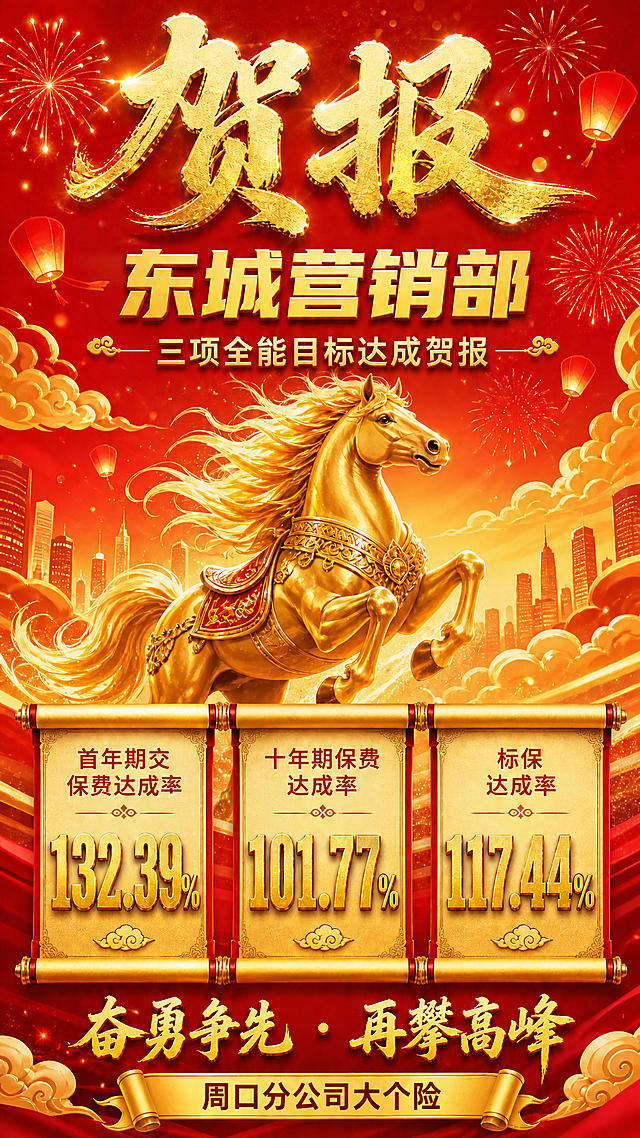 将这张贺报海报副标题中的"喜报"修改为"贺报"，即"三项全能目标达成贺报"。只改这两个字，其余所有内容保持完全不变：顶部贺报大标题、东城营销部、金色骏马、三项数据卷轴及数字、奋勇争先·再攀高峰、周口分公司大个险、背景烟花孔明灯祥云城市等全部元素、色调、构图、版式均保持原样。数字必须精确不变。