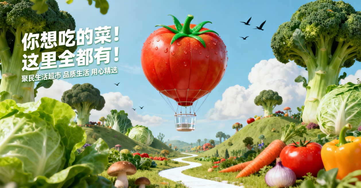 巨型新鲜蔬果构建的微缩奇幻景观，西兰花树木，卷心菜山丘，西红柿胡萝卜彩椒地面植被，西红柿热气球带绿色果蒂和透明吊篮，生菜叶前景遮挡，蘑菇洋葱点缀，白日晴空上午明亮时段，开阔田园式微缩地貌，微风感蔬果枝预览效果