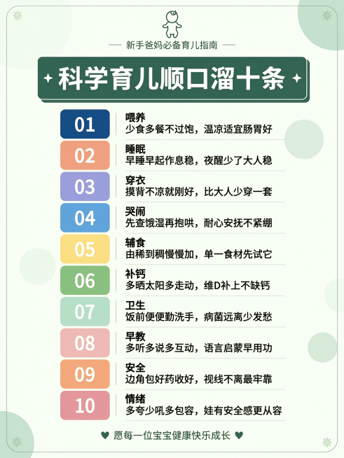 育儿顺口溜 1、喂养：少食多餐不过饱，温凉适宜肠胃好 2、睡眠：早睡早起作息稳，夜醒少了大人稳 3、穿衣：摸背不凉就刚好，比大人少穿一套 4、哭闹：先查饿湿再抱哄，耐心安抚不紧绷 5、辅食：由稀到稠慢预览效果