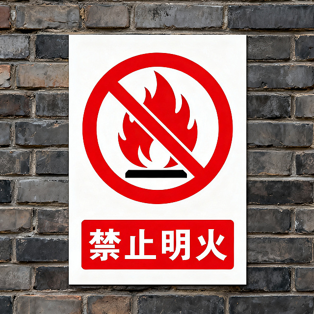 公共标识设计，禁止明火标志，红色圆圈斜杠加火焰图案，下方配有文字"禁止明火"，简洁醒目，标准标识风格