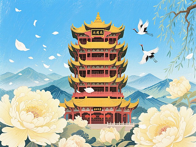 画面中央是武汉的黄鹤楼，周围环绕着若干大且美丽的淡黄色牡丹花，在湛蓝的天空中，白色的花瓣飞舞，古建筑后面是层层叠叠的山脉，画面右侧上方一颗大柳树，两只仙鹤飞舞