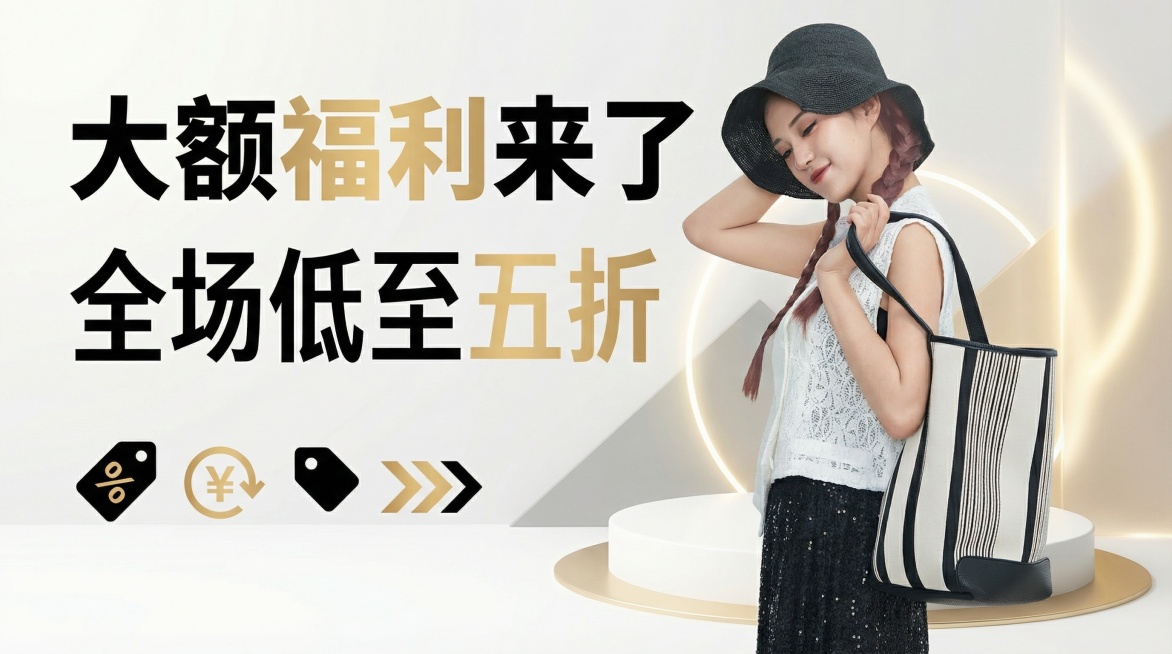 横版电商促销海报，展示图片中的黑白条纹托特包，主标题为"大额福利来了"，副标题为"全场低至五折"，时尚简约风格，促销氛围设计预览效果