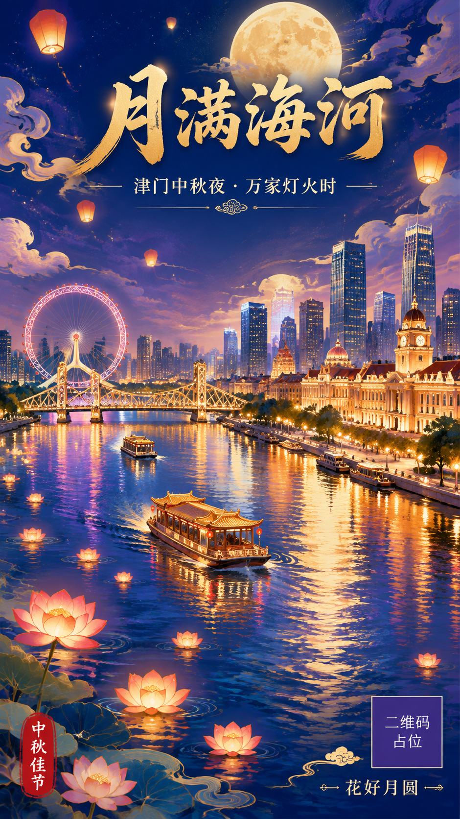 新国潮夜景插画风中秋海报，竖版9:16。画面主体为天津海河夜景… - 图片创意预览