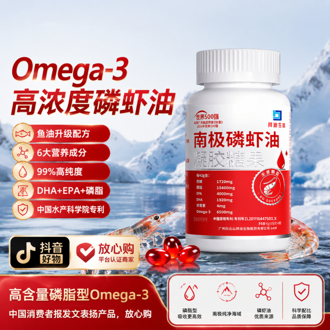 南极磷虾油电商主图，核心标题"Omega-3高浓度磷虾油"，卖点文字："鱼油升级配方，6大营养成分，99%高纯度，DHA+EPA+磷脂，中国水产科学院专利"，最底部文案"高含量磷脂型Omega-3，中预览效果