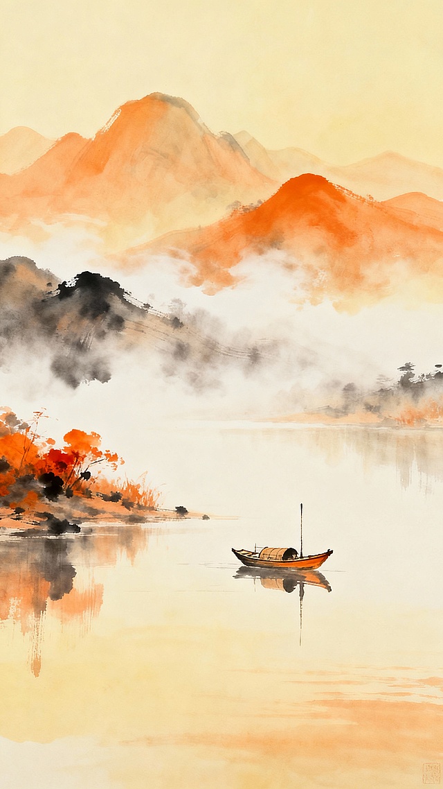 中国水墨画风格，淡雅的暖橙色与米黄色调，朦胧的远山层叠起伏，山间弥漫着轻薄的云雾，平静的湖面上一叶孤舟静静漂浮，船身倒影清晰映于水中，左侧近岸有几抹橙红色的植被点缀，整体画面呈现出宁静致远、空灵缥缈的氛围，笔触柔和，墨色晕染自然，留白恰到好处，营造出悠远深邃的东方意境。