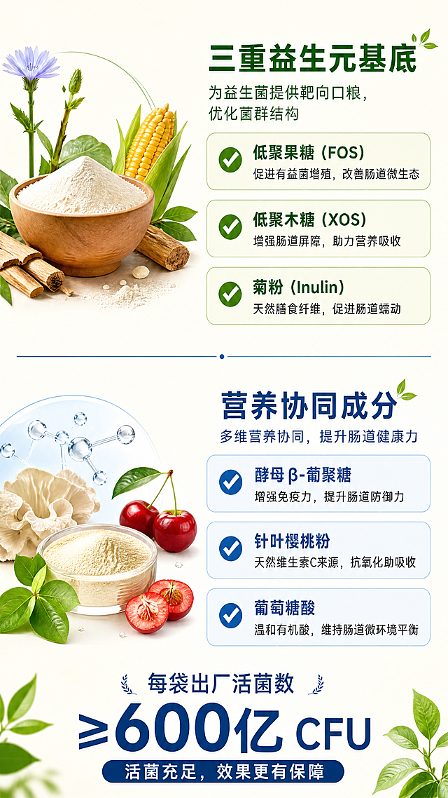 [第4屏] 配方成分详解页，展示三重益生元和营养协同成分。
[氛围/风格] 成分解析风，自然清新，浅米色底搭配绿色点缀，突出天然健康感。
[元素布局] 上半部分介绍三重益生元基底，下半部分介绍营养协同成分，中间用细蓝线分隔，每个部分用列表展示成分。
[光影质感] 成分名称用绿色加粗高亮，说明文字清晰，每个成分前加绿色对勾图标，视觉明快。
[配色色系] 全局底色：#FAFAF0；三重益生元标题绿色加深，成分列表浅绿底框；营养成分标题蓝色加深，列表浅蓝底框。
[视角构图] 上下分块，左图右文/上图下文排版，信息层次分明，不拥挤。
[文字版式] 顶部"三重益生元基底"绿色加粗标题，列出低聚果糖、低聚木糖、菊粉，说明"为益生菌提供靶向口粮，优化菌群结构"。下半部分"营养协同成分"蓝色加粗标题，列出酵母β-葡聚糖、针叶樱桃粉、葡萄糖酸。底部突出核心数据"每袋出厂活菌数 ≥ 600亿 CFU"，用大字号深蓝色字体放在页面最底部，视觉突出。
[比例分辨率] 宽度1080，高度1920，9:16竖版比例，4K分辨率，文字清晰可辨。
[负向提示词] 成分名称错漏，文字排版混乱，颜色过度饱和，主体不突出。