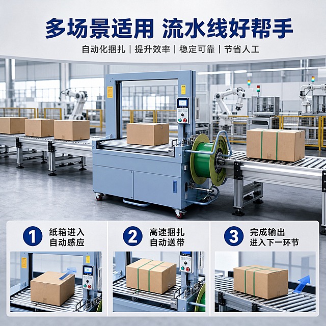 [主图-4] 场景适用与操作流程图，展示打包机在流水线中的实际应用场景。
[统一基调] 整体风格为专业工业风，背景主色为浅灰渐变搭配工业蓝点缀，标题字色为深蓝色，辅助字色为深灰色，强调色为科技蓝，字体为粗黑无衬线工业字体，字号层级分明，采用满版高信息密度构图，组件为硬朗矩形参数块与图标。
[画面] 上半部分为主标题区与场景示意：顶部主标题"多场景适用 流水线好帮手"，中间偏上为打包机接入流水线的工业场景示意图，展示纸箱从流水线进入打包机完成捆扎的完整流程；下半部分为三步操作流程横排：第一步"纸箱进入 自动感应"配纸箱进入滚筒示意图，第二步"高速捆扎 自动送带"配打包机工作示意图，第三步"完成输出 进入下一环节"配捆扎好的纸箱输出示意图；每个步骤配大号数字编号与简短说明。
[光影质感] 场景图为工业厂房环境，光线明亮，产品在场景中比例真实，光影自然，有真实地面投影。
[配色] 背景浅灰工业风，标题深蓝色，步骤数字为蓝色大圆圈白字，步骤说明深灰色。
[文字版式] 主标题顶部居中大号粗体，三步流程横向均匀分布，数字在上说明在下，所有文字横排，层级清楚。
[输出要求] 1:1正方形比例，场景真实自然，文字清晰，无变形无错字，禁止平台Logo。