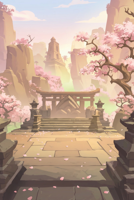 将场景改为春天场景，树木全部替换为盛开的粉色樱花树，地面落叶替换为散落的樱花花瓣，整体色调改为清新明亮的春日暖调，保留原有古建筑和山石结构不变预览效果