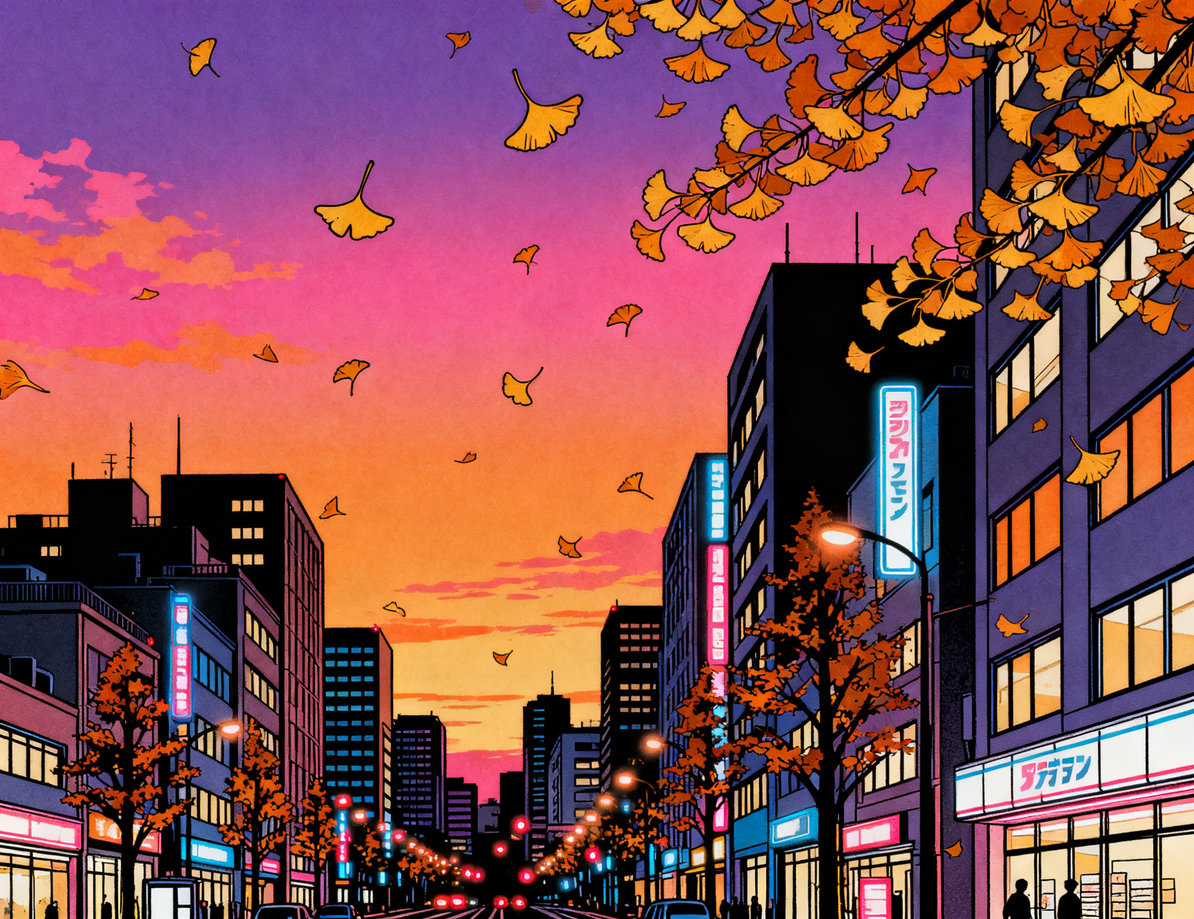 Citypop风格秋季氛围插画，复古都市流行美学，秋日黄昏的城… - 图片创意预览