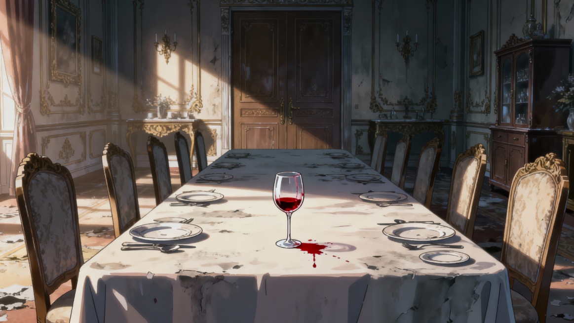 Makoto Shinkai art style, 2D anime, wide shot, empty dining chairs around table, place settings unto预览效果
