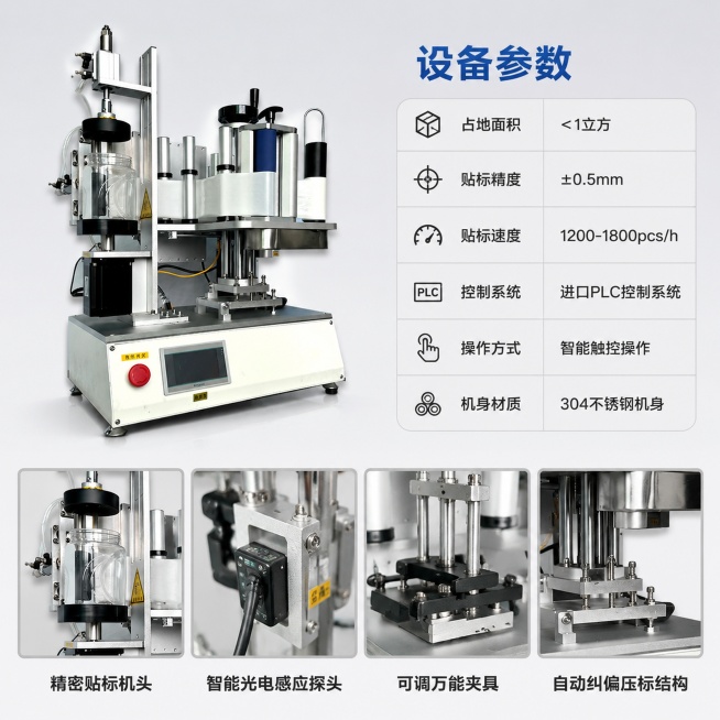 [主图-4] 立式旋转自动贴标机设备参数与核心部件细节展示。氛围风格：科技风技术展示，专业精工质感。画质：4K超清商业摄影质感，参数文字清晰，细节特写锐利。元素：分屏左右构图，左侧高清完整展示立式旋转预览效果