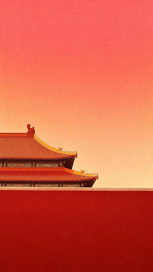 参考图的整体风格和构图，去除画面中所有文字，保留中国古建筑飞檐屋顶和红墙元素，暖橙红色渐变背景，复古颗粒质感，国庆节日氛围，画面干净无任何文字