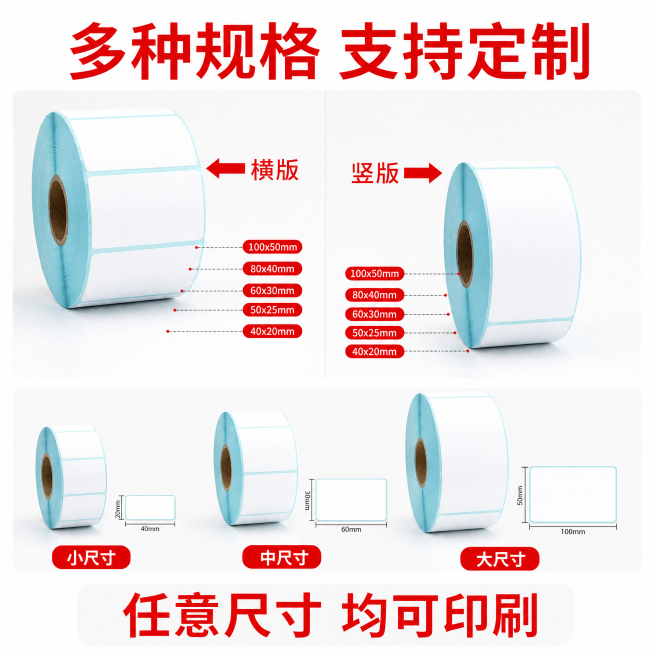 [主图-4] 横版竖版规格展示支持定制。[氛围风格] 清晰直观多用展示风格。[画质] 商业摄影质感、光线柔和通透、产品清晰真实、画面干净高级。[元素] 画面左右分开展示横版和竖版两卷标签纸，就是原图中预览效果