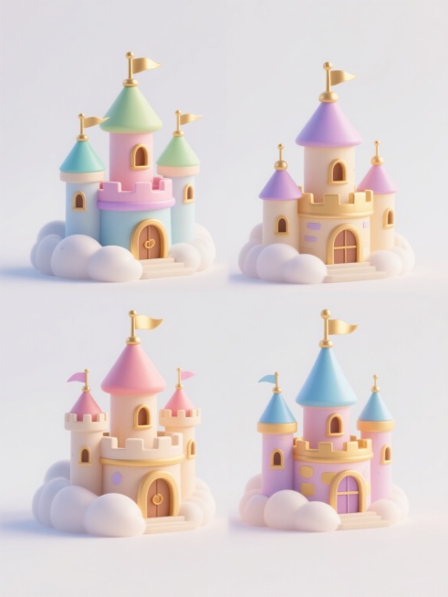 4个不同配色、不同样式、不同外观的卡通风格城堡，保持3D立体效果、圆润可爱的造型、光滑渐变的材质、柔和的光影、金色装饰细节和云朵元素，排列整齐地置于纯白色背景上，每个城堡具有独特的色彩搭配、塔楼形状、旗帜样式和门窗设计，整体保持童话般的梦幻氛围与精致的视觉风格。预览效果