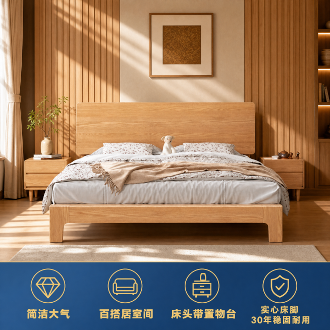 [单张主图] 商品名称：清新北欧实木床，采用高级氛围感主图路线，目标是展示实木床在国潮新中式卧室的美观与卖点。
[画面主体] 清新北欧原木色实木床保持正面平视角度，居中摆放，占画面60%；保持实木床外预览效果