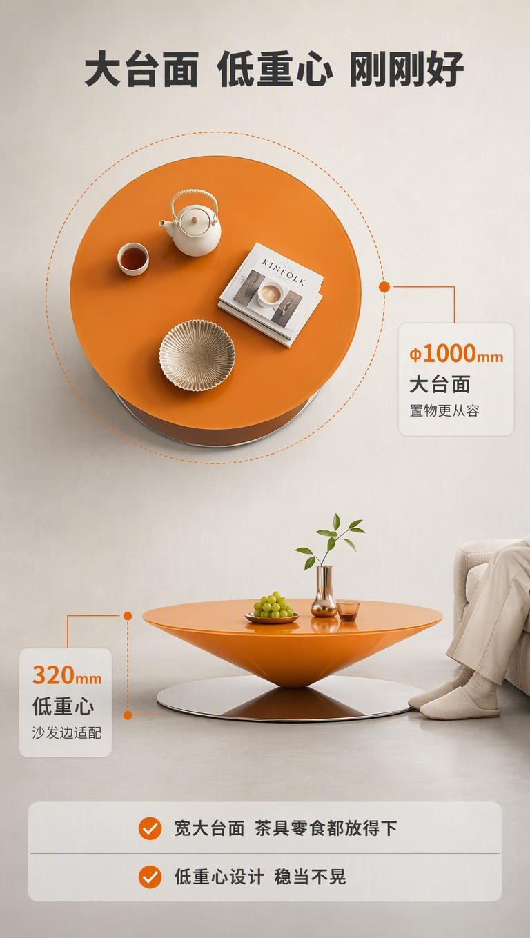 [商品] 使用【图1】左侧橙色款飞碟茶几；保留完整飞碟造型、橙… - 图片创意预览